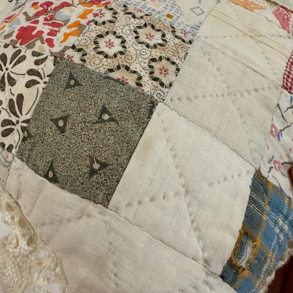 Vintage Handmade Patchwork Heart Pillow 10x10 Lace Trim Cottagecore